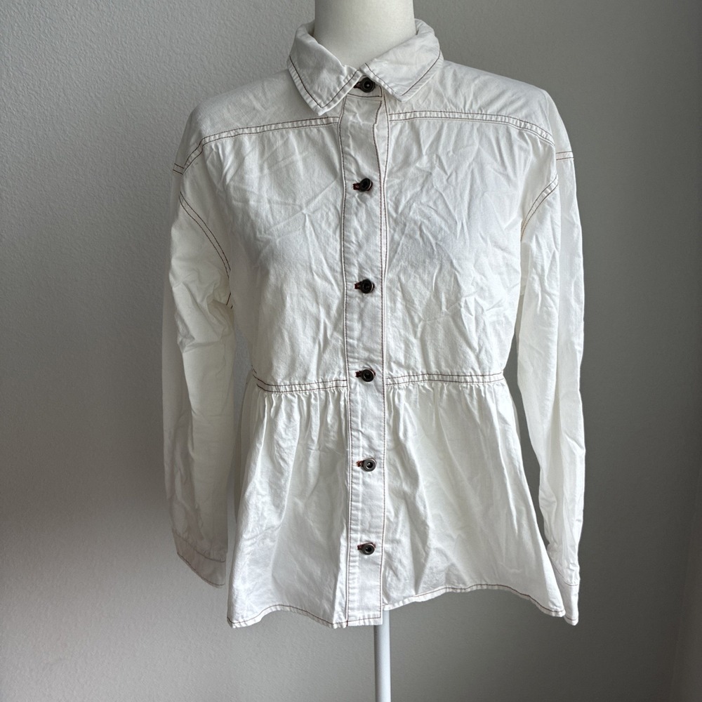 Something Navy White Denim Button Up Baby Doll Shirt Dress Contrast Stitching M